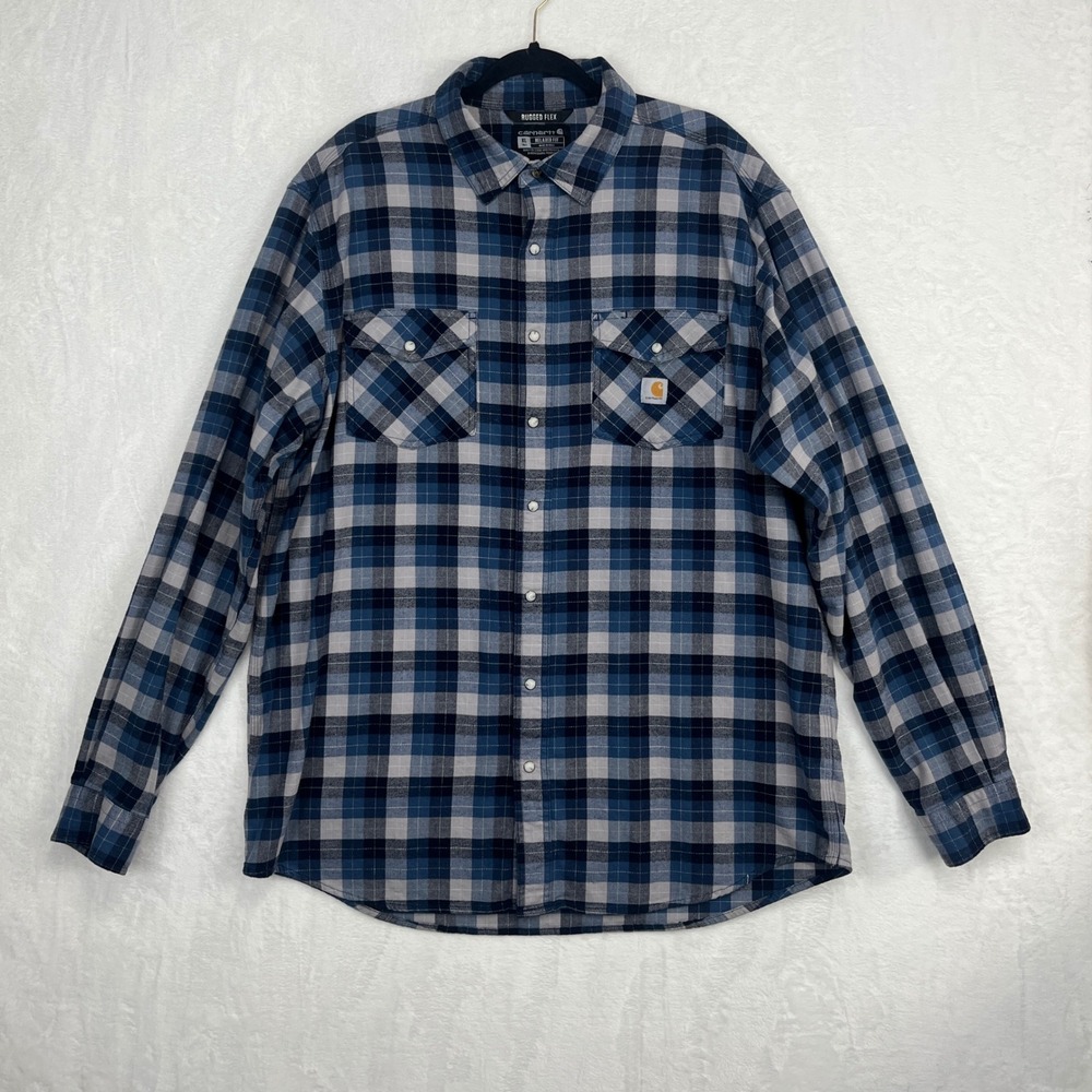Carhartt Rugged Flex Relaxed Fit Shirt Mens XL Tall Long Sleeve Plaid Pearl Snap